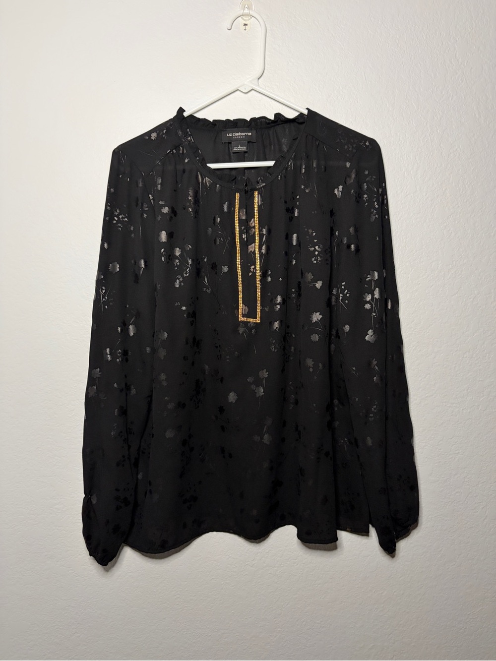 Liz Claiborne Career Long Sleeve Black Blouse with Floral Accents Large